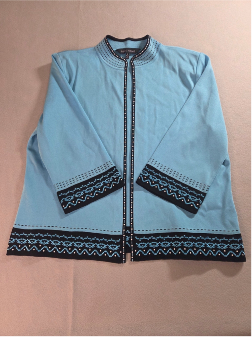 Ming Wang Textured Knit Open Front Cardigan - Light Blue w/ Black Dotted Trim,